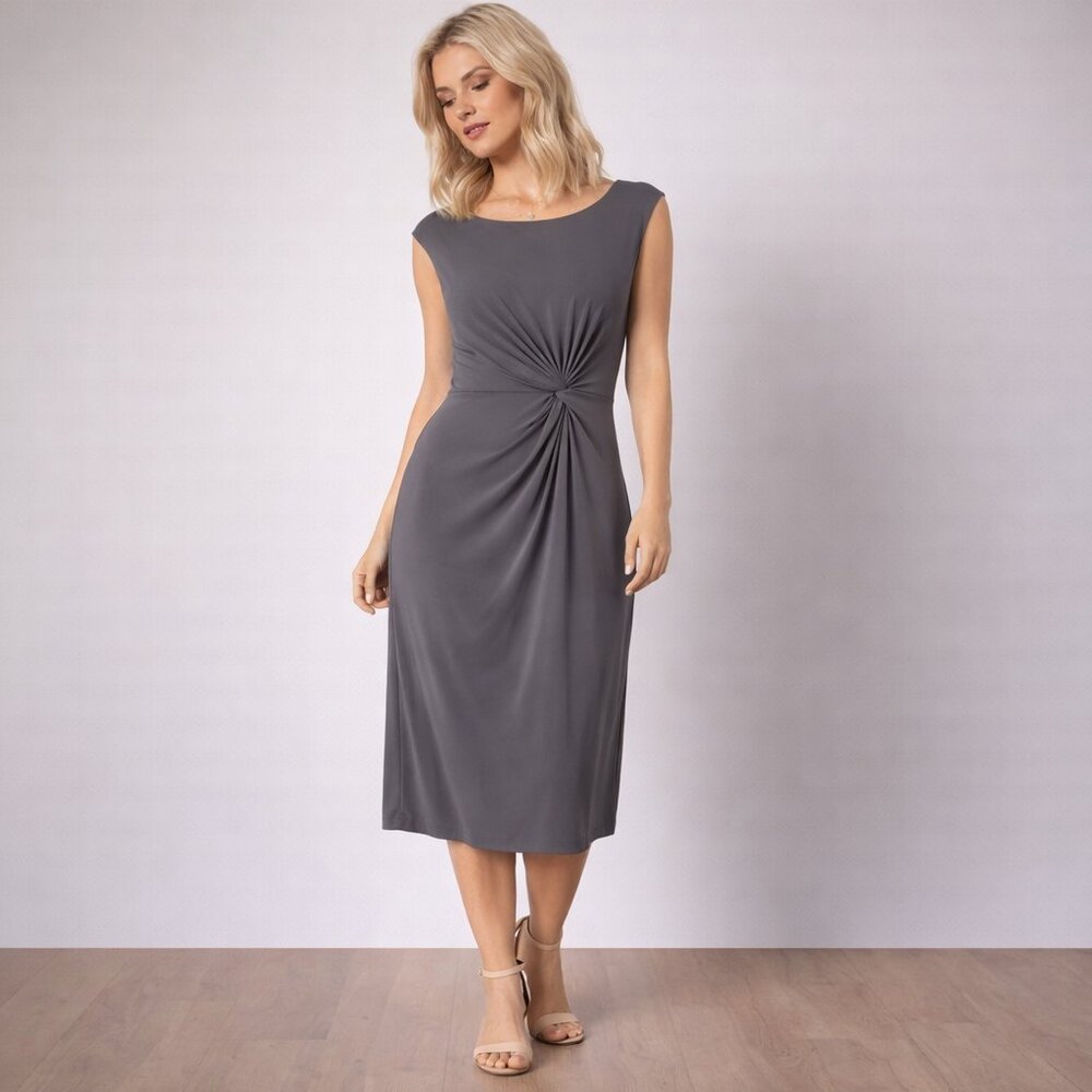 Lauren Ralph Lauren Gray Draped Sheath Dress Twist Front Cap Sleeve Size 10